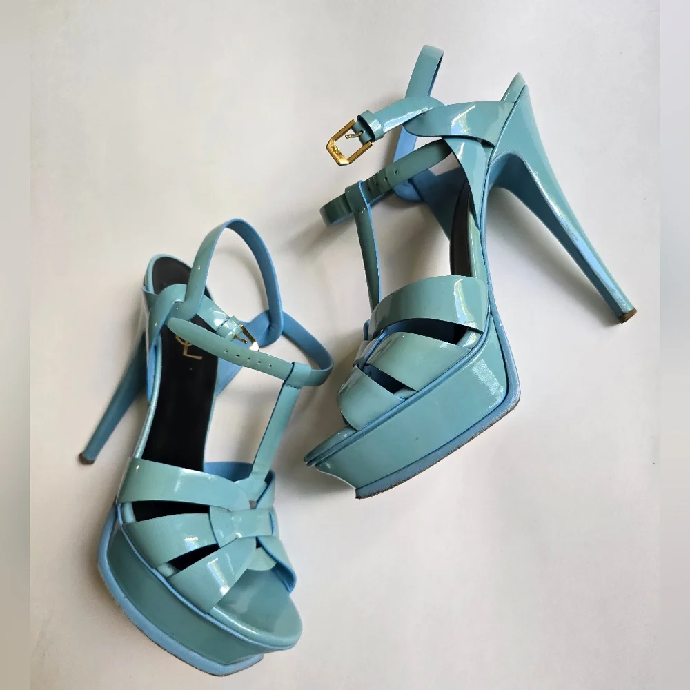 Saint Laurent Tribute 105 Platform Sandals in sky blue patent leather Size 9.5 - Picture 3 of 6